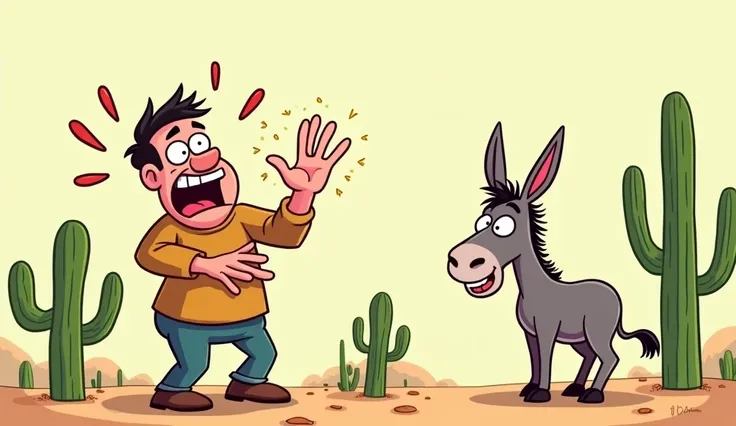 "The  cartoon man recoiling in pain and shock, holding his hand as tiny cactus thorns stick to him, while the donkey watches with a confused expression."
