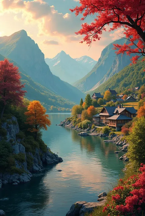  small town by the river, Mountains in the background, Colorful flowers, Detailed landscape,  Beautiful Natural Scenery,  atmospheric lighting , blazing sunset, warm colors,  Practical and photo-practical , Detailed leaves, complex building, gravel road, c...