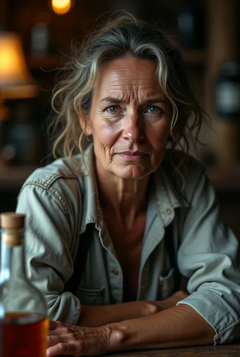 Rugged scruffy weathered woman sailor, a portrait of a seawoman with a rugged, ships captain,  capturing a slightly befuddled expression, she is sitting at the table next to her there is a bottle of whiskey, focus is on his facial expressions and the subtl...