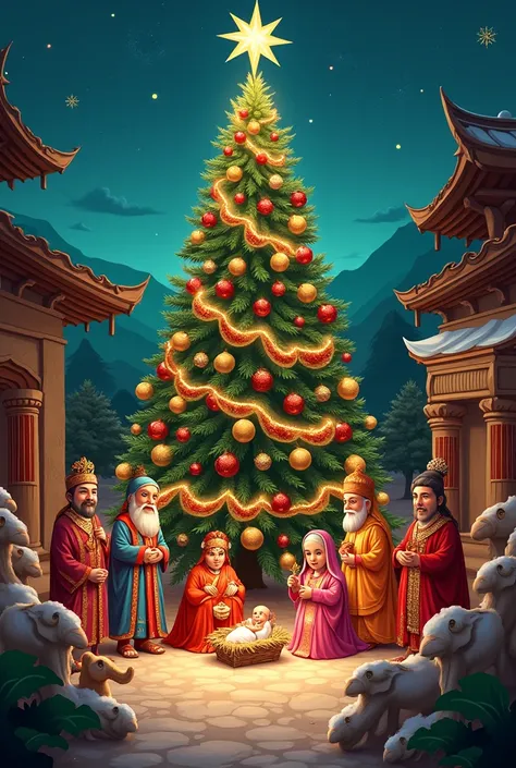 Christmas crib colorful figures oriental with Christmas tree 