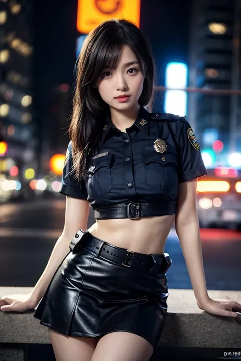 Pure 18 year old girl 、((Japanese police officer, sexy cop uniform ,  skirt,  cute and elegant,  Dramatic Poses)),smile, Night City Background, shortcuts、 RAW photo, (8k、 top quality 、masterpiece:1.2)、( complicated details:1.4)、( Photorealistic :1.4)、 octa...