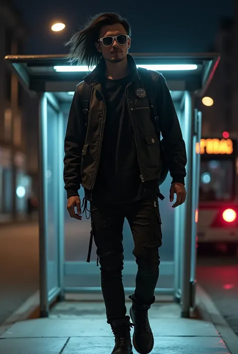 Young man, Bblack hair, white sunglasses,  black rock&#39;n roll style clothes, combat boots, black vest, backpack on back, walking along a street at night, bus stop Behind him, light pole shining on top of it, city night background with bus stop, Behind h...