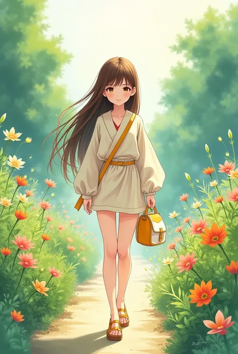 Manga A Girl skin white , long hair colour brown , wearing outfits  , bag  white and yellow - orange  , walking  in the garden , watercolour painting  , manga style