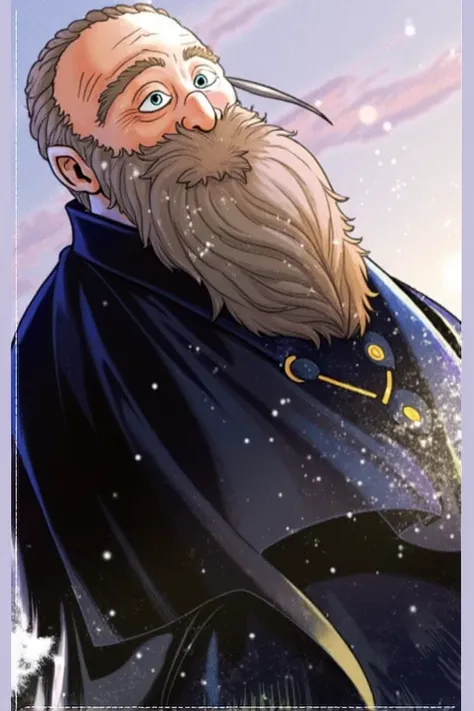 Denken、 wizard、 long red brown hair 、 all back hair、 bearded man、 man is monochrome （glasses）Put on 、 and wears a deep blue cloak 。 The background is colored like a sunset 、 depicts snow dancing。