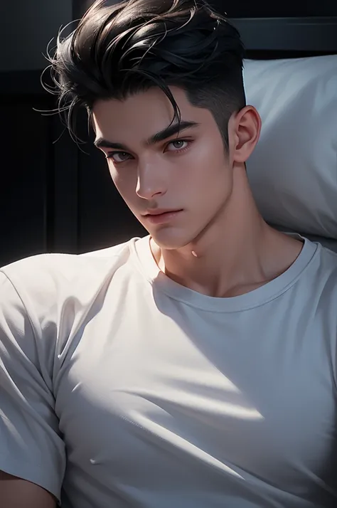 a man with black hair, half shaved, void eyes, wearing a white t-shirt and gray sweatpants, laying in bed with a VR headset, cinematic lighting, hyper realistic, detailed face, detailed clothing, ultrarealistic, 8k, high quality, sharply focused, physicall...