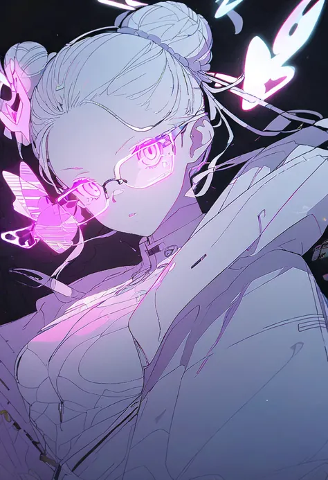  1 girl、 tied hair (( bun hair))、 fashionable white jacket、 black background,Glowing Contours,neon, chest , viewers,Pink butterfly