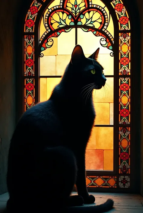 a close up of a cat standing in front of a stained glass window, a mosaic by Jon Coffelt, pixabay contest winner, art nouveau, on a stained glass window, maxim verehin stained glass, backlit stained glass, stained glass art, stained glass, cat silhouette, ...