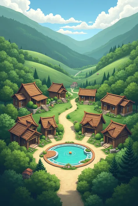 A green herbal village consisting of wooden houses with a stunning view and has games for ren, a swimming pool and small wooden rooms 