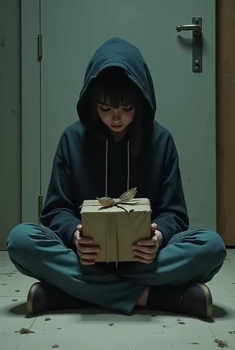 Sad  sitting on the floor with a gift in hand 