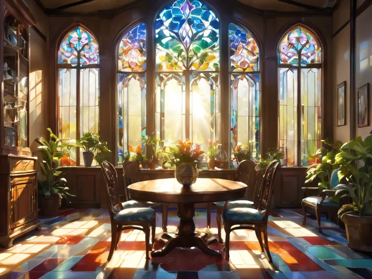 Sure! Here is the English prompt for generating the image:
Prompt:
"A high-quality stained-glass style design depicting a bright and elegant Western-style mansion room bathed in sunlight. The sunlight streams through large, intricate stained-glass windows...