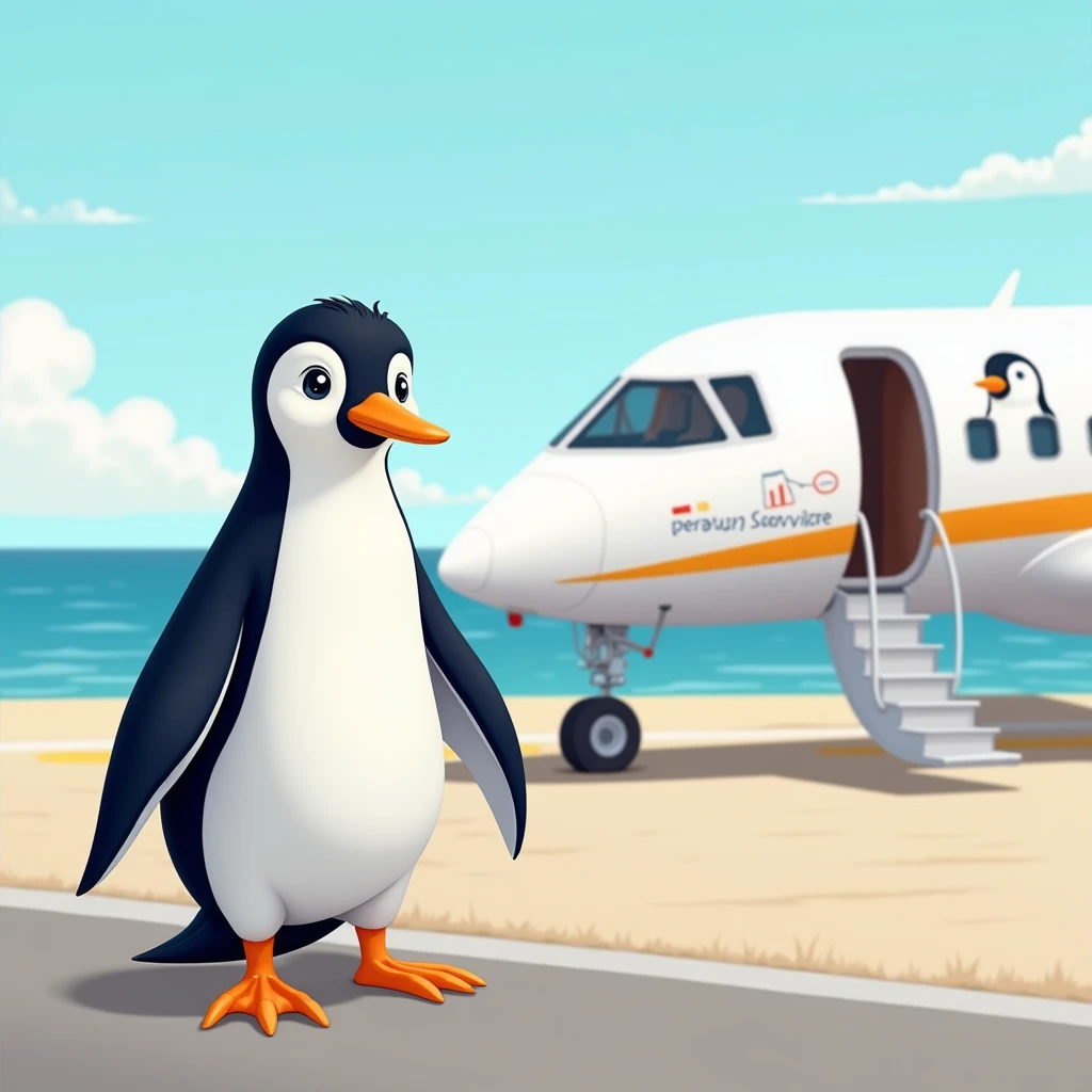 a cool cute healthy penguin avatar, at runway, looking toward left ide, near a private Jet, with Penguin logo on it, illustration of cartoon art; sea view