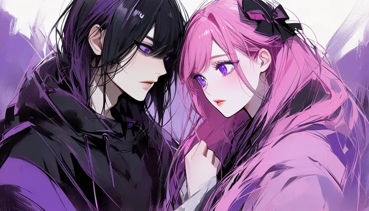 couple, 1 Girl 1 strong Boy, different hair color, (Girl long pink hair and purple eyes), (Boy short black hair and purple eyes), Romance