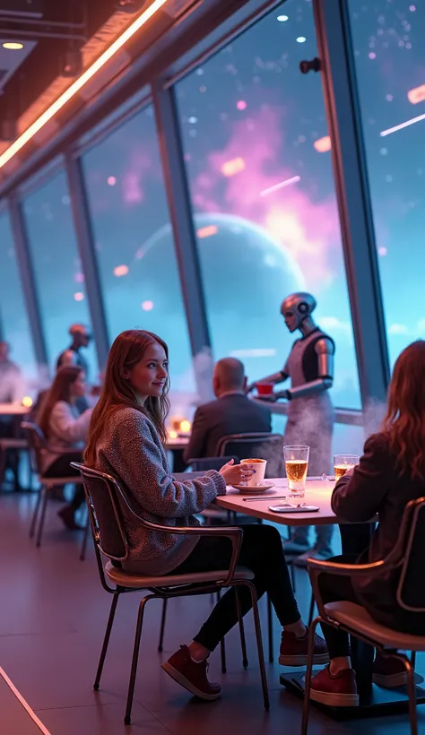 influencer Girl looking into camera taking selfie with friends in a futuristic Christmas coffee shop located in a space station floating in the orbit of a distant planet. The interior has large windows that show the vast expanse of space outside., with col...