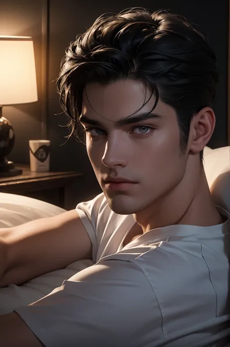 a man with black hair, half shaved, void eyes, wearing a white t-shirt and gray sweatpants, laying in bed with a VR headset on his face, (best quality,4k,8k,highres,masterpiece:1.2),ultra-detailed,(realistic,photorealistic,photo-realistic:1.37),detailed fa...