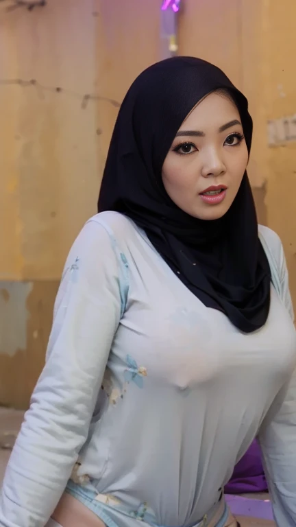 1 malay woman in hijab,(( light blue floral pattern bra and panties)),(large buttocks),Emphasize ass,Smaller chest, laughing smile, (hijab flying), de pele branca,big breasts thin waist, egypt style street, Hyper-Realism, Cinematic lighting, depth of field...