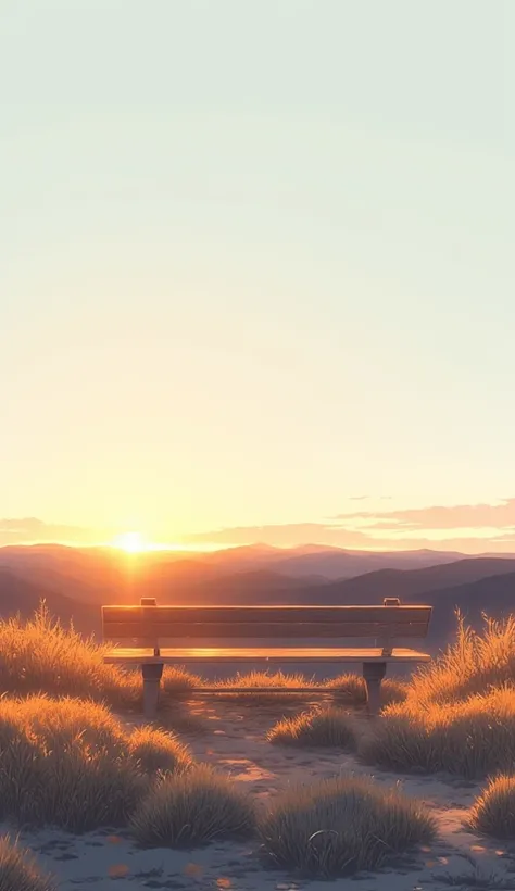 ((high quality)), ((masterpiece)), ((highly detailed)), A solitary wooden bench placed on a wide, open hilltop, surrounded by short, perfectly trimmed grass. The horizon stretches infinitely, blending into a soft, pastel sky of pale peach and light blue du...