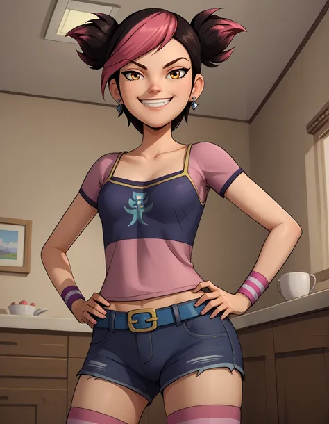 masterpiece, best quality,score_9, score_8_up, score_7_up, source_anime, miko nakadai, short hair, black hair, pink hair, multicolored hair, two-tone hair, twin tails, streaked hair, 3d,, jewelry, earrings, wristband, camisole, shirt, short sleeves, stripe...
