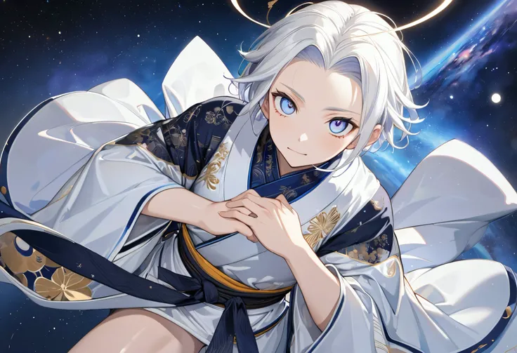 Fresh illustration,
Ultra-fine drawing,
Very delicate illustration,
Very fine details,
One boy,
Full body,
Height 158cm,
Fair skin,
Right eye is purple,
Left eye is blue,
Odd eyes,
Heterochromie iris,
Beautiful eyes,
Large black pupils,
Cleanly cut hairsty...