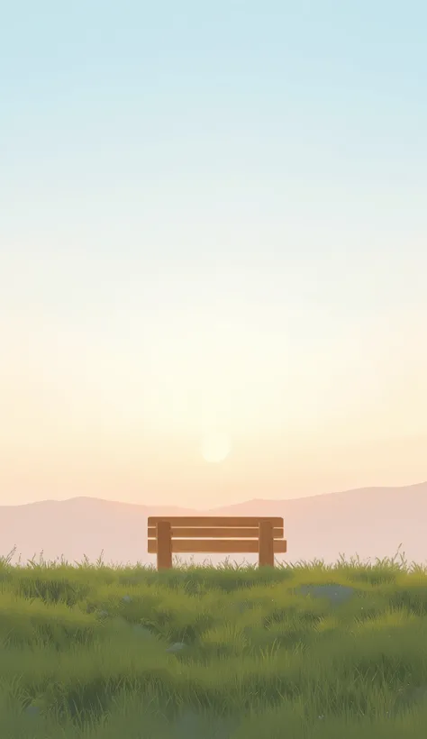 ((high quality)), ((masterpiece)), ((highly detailed)), A solitary wooden bench placed on a wide, open hilltop, surrounded by short, perfectly trimmed grass. The horizon stretches infinitely, blending into a soft, pastel sky of pale peach and light blue du...