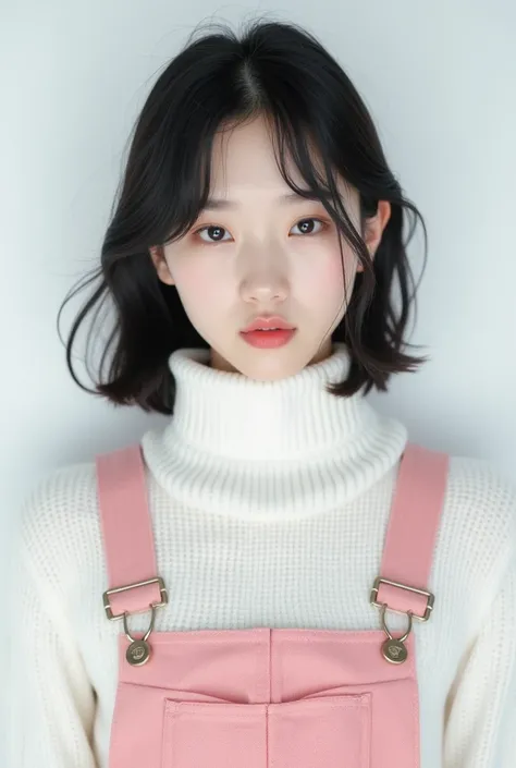 A beautiful Korean teenage girl with black hair. She is eighteen years old with a Korean face. She is wearing a white knitted turtleneck and pink overalls. She has a quiet, indifferent, and stern appearance without a smile and a serious face. She is posing...