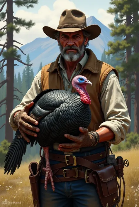 Arthur Morgan with a turkey in his hands