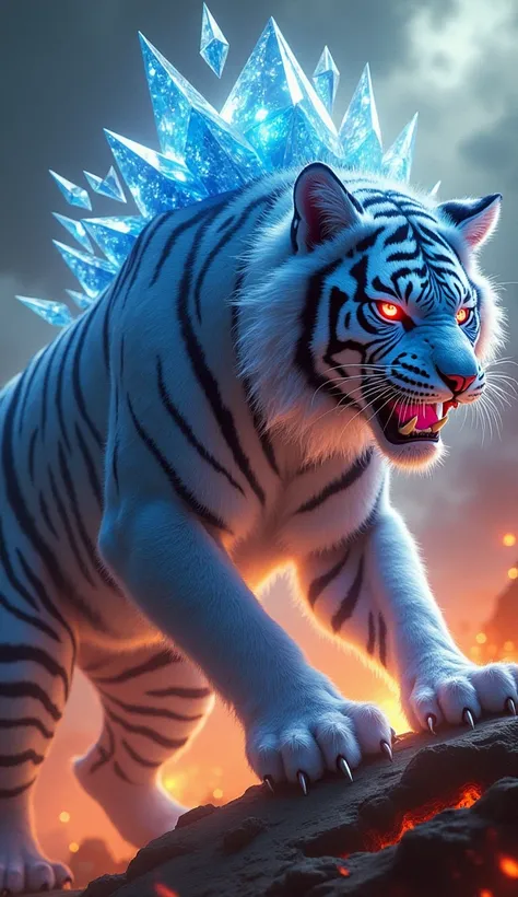 Create a hybrid entity seamlessly combining features of a tigress and a diamond piece. The creature should have the ferocious body of the tigress, infused with diamond-like crystalline features such as jagged, sharp claws, glimmering facets on its body, an...