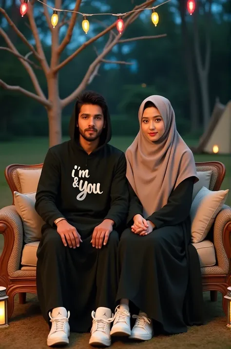  A handsome young man and a beautiful young woman photographed together , wearing a Muslim hoolde and hijab , sitting on the sofa white shoes jordan,  the face is facing the front ,  in a lantern garden at night ,  a barren tree and a small campfire tent i...