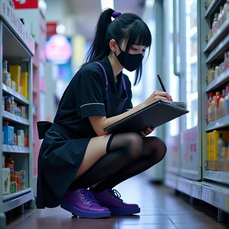 Japanese young woman 　Menhera makeup 　Menhera white 　Black hair with straight ponytail　 with bangs　Crouch down　 black mask　 apron　Purple Shoes　 black stockings　 SHORTS　Convenience store part-time job　Pen and binder in both hands　 strong contrast　 highest i...