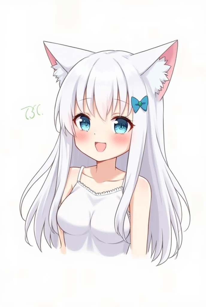  1 girl, long hair, Chest,  blue eyes, long hair, white hair, Big breasts, Cat ears,  Red-Faced, Smile,  blue eyes, Open your mouth,  Slight lip stretch, Tongue, 吐Tongue, shy,  Bow Hair Ornament, cartoon, 