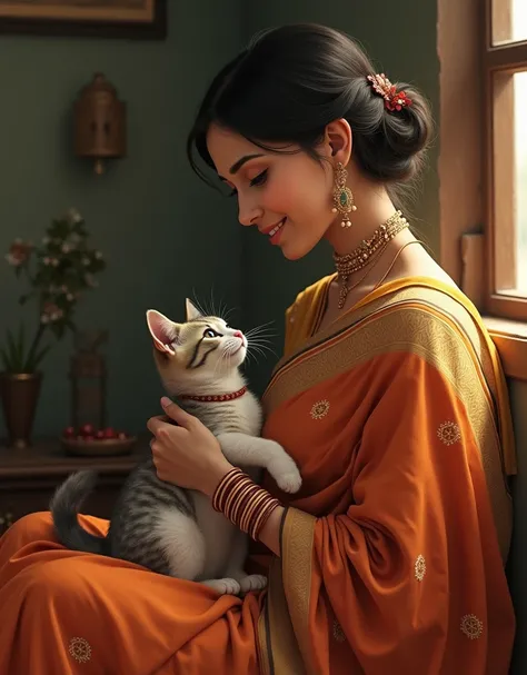 Indian woman, wearing saree, demure, shy, holding a cute in arm, cat sitting on lap