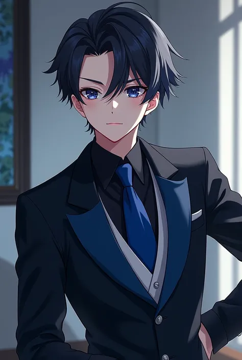 Cute anime guy with black hair, love the color black,blue,Silver,