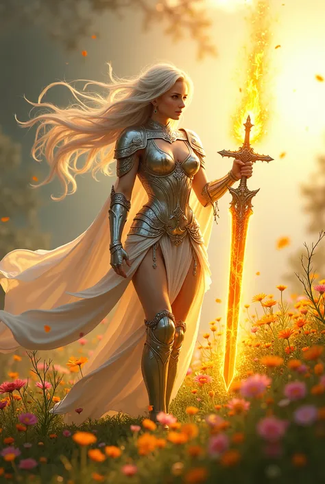 buff female sun themed angelic summer paladin with silver hair wearing silver armor and a flaming silver sword with a cherubic face standing in a lush sunny field with colorful spring wildflowers