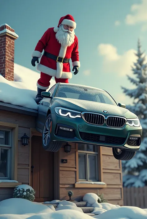 Santa standing on the roof of the house with a BMW 60 series pulls it down the roof chimney into the chimney.