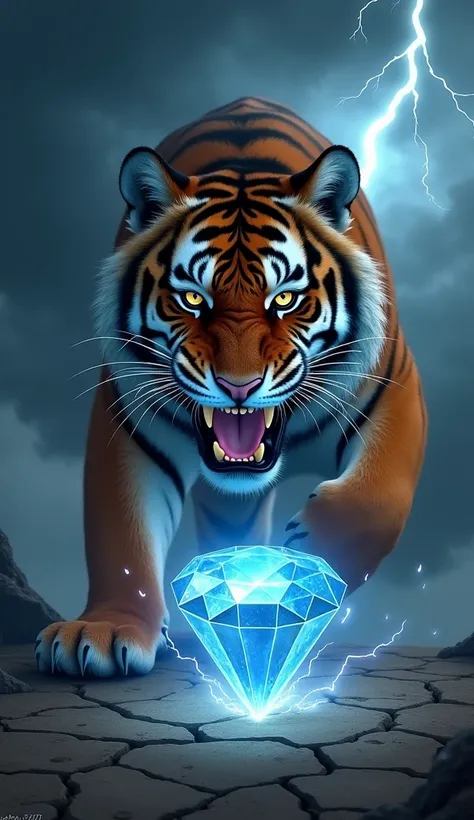 The tigress should appear fierce, baring its fangs, while the diamond glows ominously with jagged edges and a dangerous aura. The background should complement their intense expressions, featuring a stormy atmosphere with dark clouds, flashes of lightning, ...