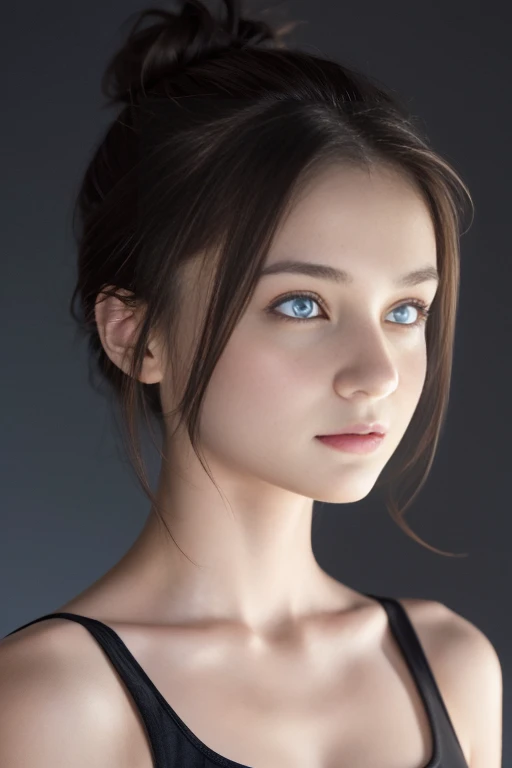 Tight black top:1.2, looking at the audience, Cinema lighting, perfect, soft light, High resolution skin:1.2, Realistic skin texture, 18 years old、a small face、No makeup，Off the shoulders，Bust C cup、blue eyes, bun, dark brown hair、Completely naked、gray bac...