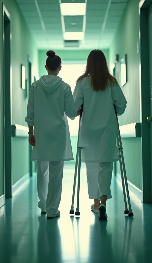 " An inspiring and spiritual scene set in an illuminated hospital . a nurse helps a  with hoodies to walk . The , DRESSED IN WHITE,  uses crutches for support and has an expression of effort and determination.  The environment is a hospital corridor ,  wit...