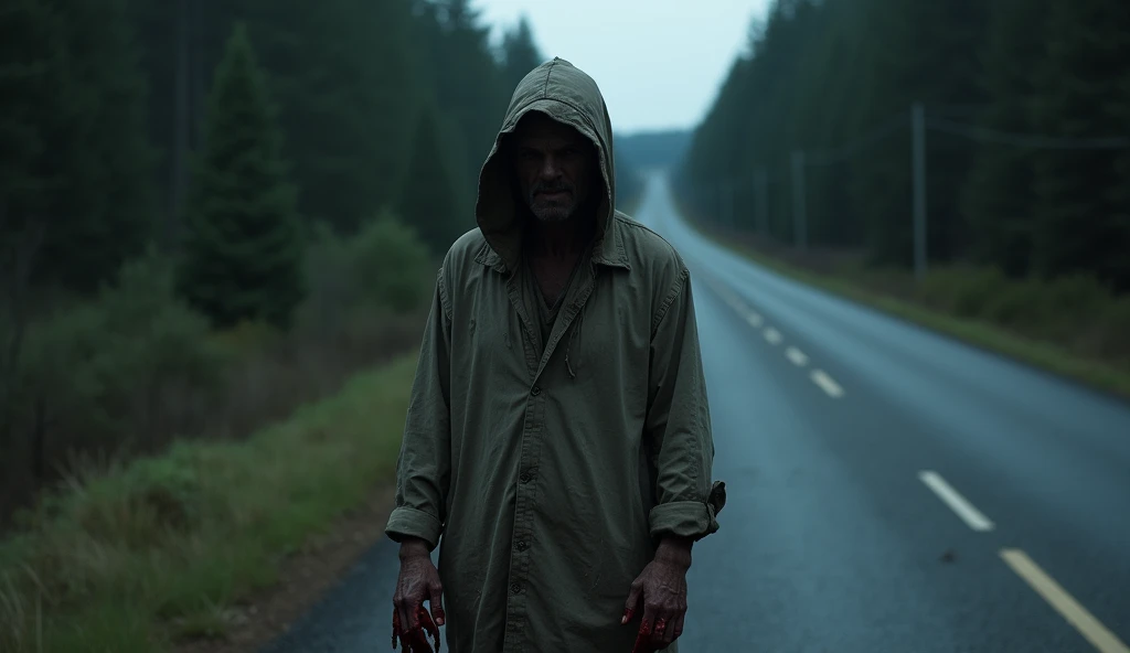 A lone hitchhiker standing by theAge: 40-45 (approx.)  roadside, hunched over slightly. ragged clothes, and blood-stained fingers.

Personality: Silent and eerie, carries a chilling aura.His clothes are torn, his face partially hidden, and blood drips from...