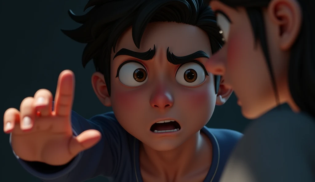 In 3D animation style:A close-up of the friend’s eyes, filled with despair, as he reaches out to the young woman for help.