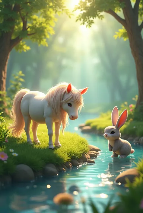 One sunny morning, Sparkle was grazing near the Crystal Creek when her best friend, Luna the bunny, came hopping over. Lunas ears were drooping, and her nose was twitching with worry.