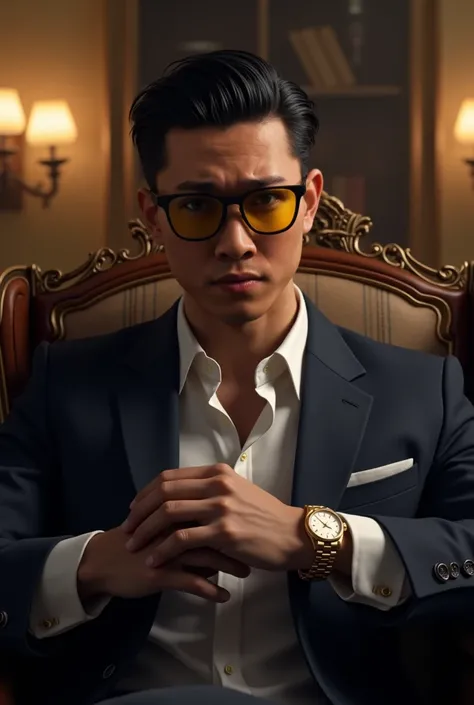 Handsome young man with strong, slicked-back black hair, sitting in an elegant chair in a luxurious office with an imposing posture and wearing an elegant suit. he smiled mysteriously. He wears a gold Rolex watch. he wore glasses with black frames and yell...