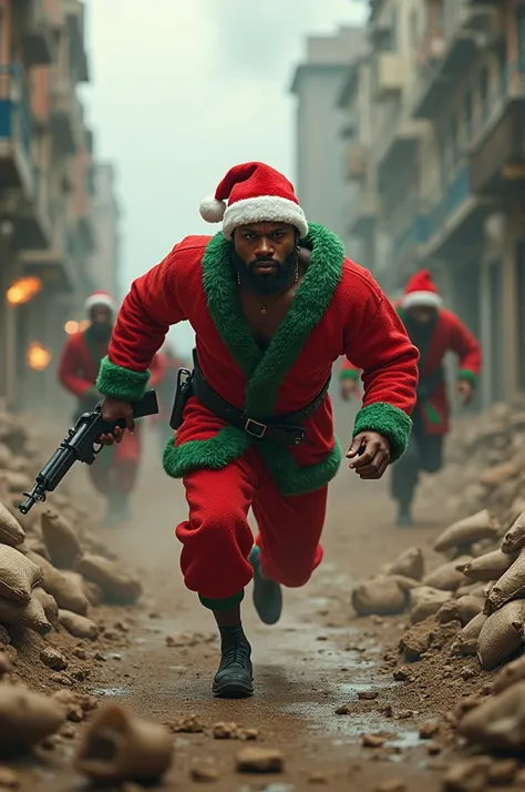 Young black man from favela holding a gun
Wearing a Christmas robe 
And a Christmas cap running in a battlefield background everything detailed with few people also in the action 