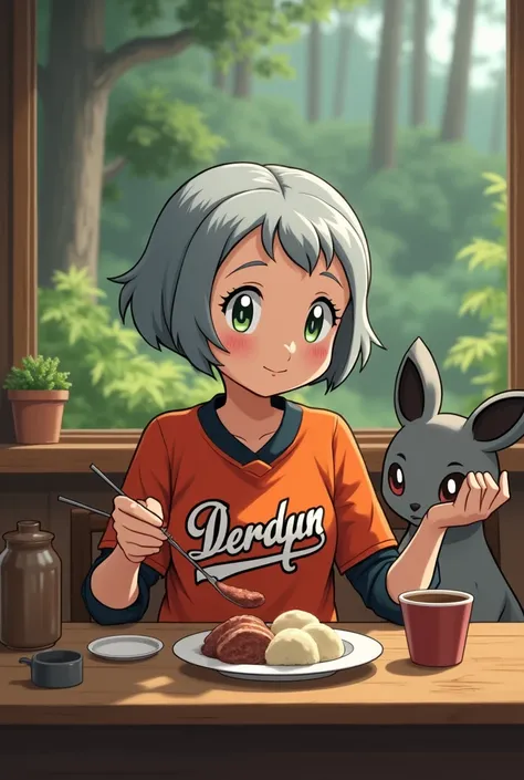 Create a picture of a 60-year-old short-haired grandma with a Pokémon and a Dresden jersey eating deer with dumplings