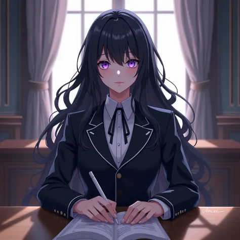 Anime magnifique lyceene tres belle long cheveux noirs ondulés yeux violets  vusage froid et hautain assise derriere son banc dun air calme uniforem somptueux de lyceen formes parfaite