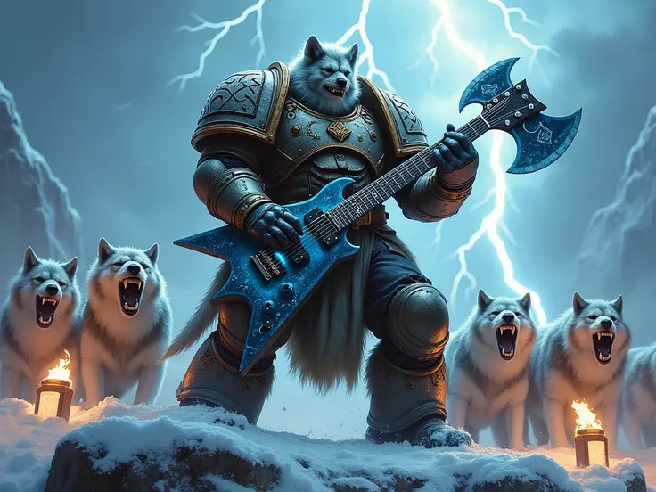 Leman Russ, the Primarch of the Space Wolves, standing on a rocky stage amidst a stormy tundra, surrounded by roaring wolves and howling winds. His imposing figure is clad in battle-worn, wolf-themed power armor, adorned with pelts, fangs, and runic engrav...