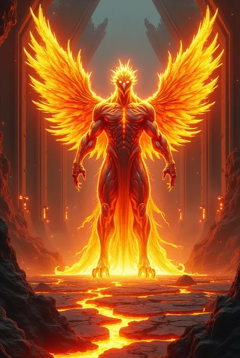 Can you draw me a full body illustration of a majestic and fierce humanoid fiery phoenix monster in a cyberse style but with edgy ends standing in a volcanic throne room