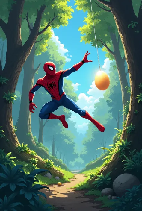 Anime , spiderman chasing an egg about to hatch in the forest 