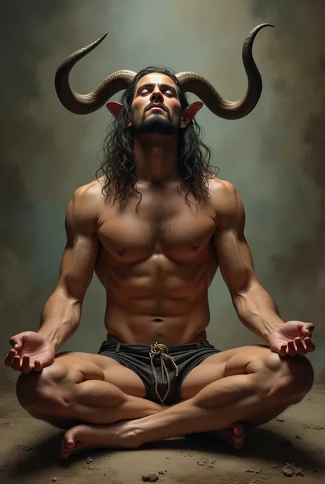 An alluring Taurus zodiac sign male exudes power and sensuality as he sits shirtless and pantless, deep in meditation. His long hair cascades down his back, complementing the sweeping horns that frame his face. This striking image, resembling a painting, e...