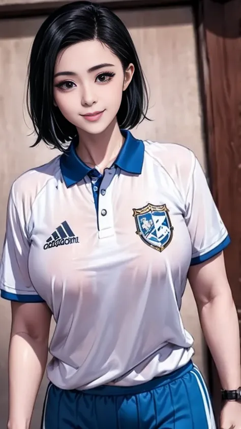 Young woman, Kobayashi Shinobu, swimming club member, president, confident, athlete, sports uniform, high school uniform, black short hair, determined features, strong personality, leadership aura, slightly distant smile, calm expression, intense competiti...