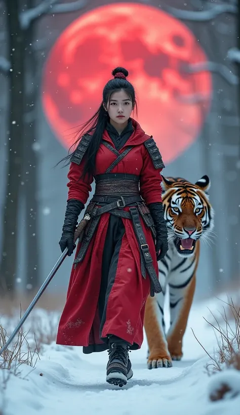 Create A Very Beautiful Korean Young Woman Warrior Walking Straight, Wearing Warrior Leather Outfit Unique And Colourful Warrior Outfit, Blue Eyes , Death Stears, A Gian Tiger Walking Behind Her, Holding A Sword in Hand, A Giant Red Moon Background, Walkin...