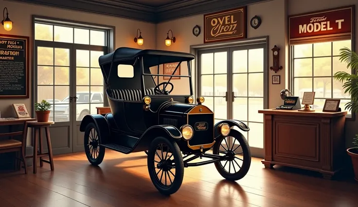 "Create a detailed image of a vintage Ford Model T displayed in a 1920s-style showroom. The car should feature a classic black finish, wooden-spoke wheels, and an open-top design, positioned on a polished wooden floor. Surround the scene with vintage décor...